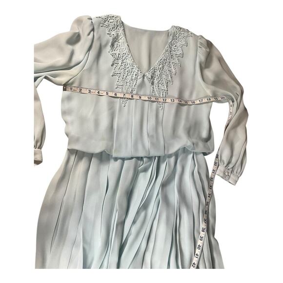 Vintage Light Blue Midi Dress Long Sleeve Elegant Open Lace Collar Shoulder Pads - Picture 8 of 12
